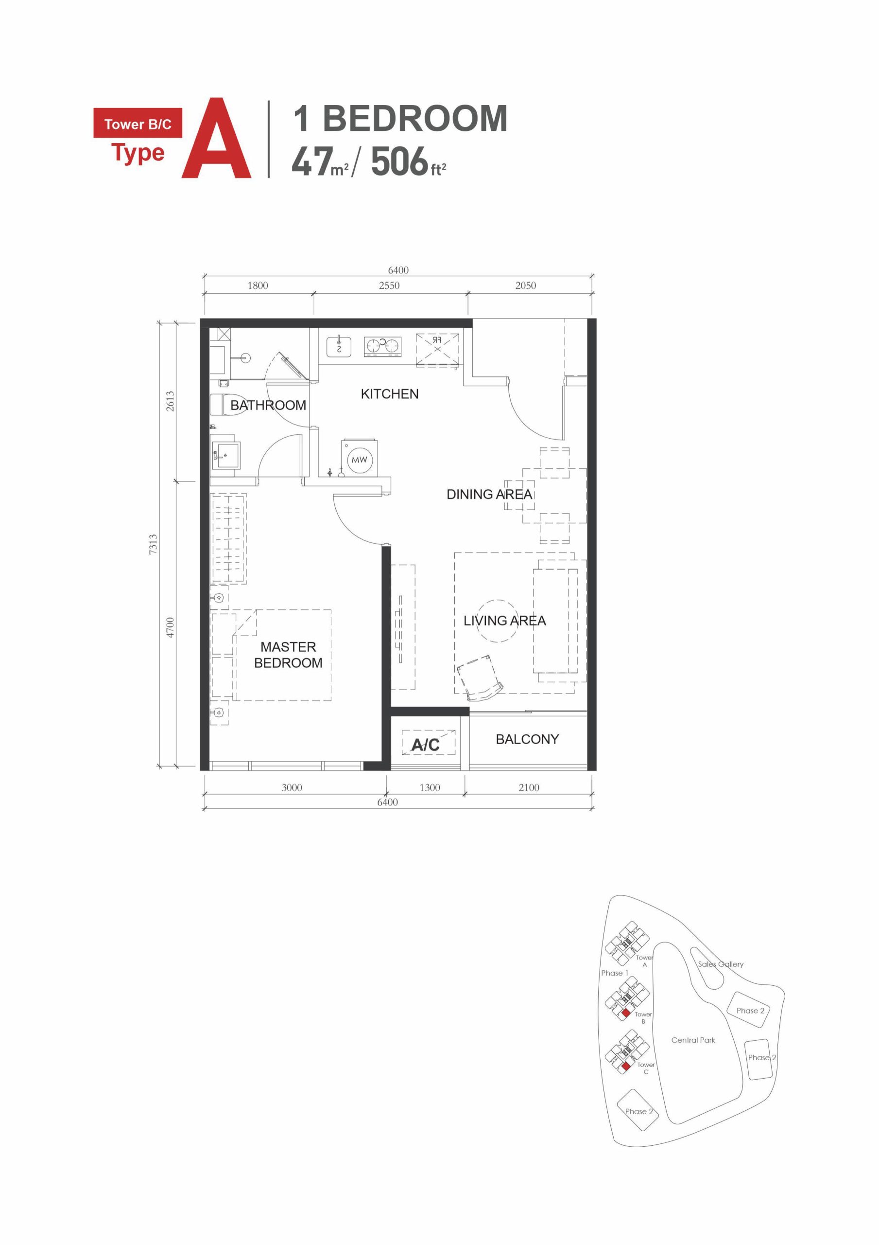 Type-A (506sqft) 1Bed1Bath Floor Plan