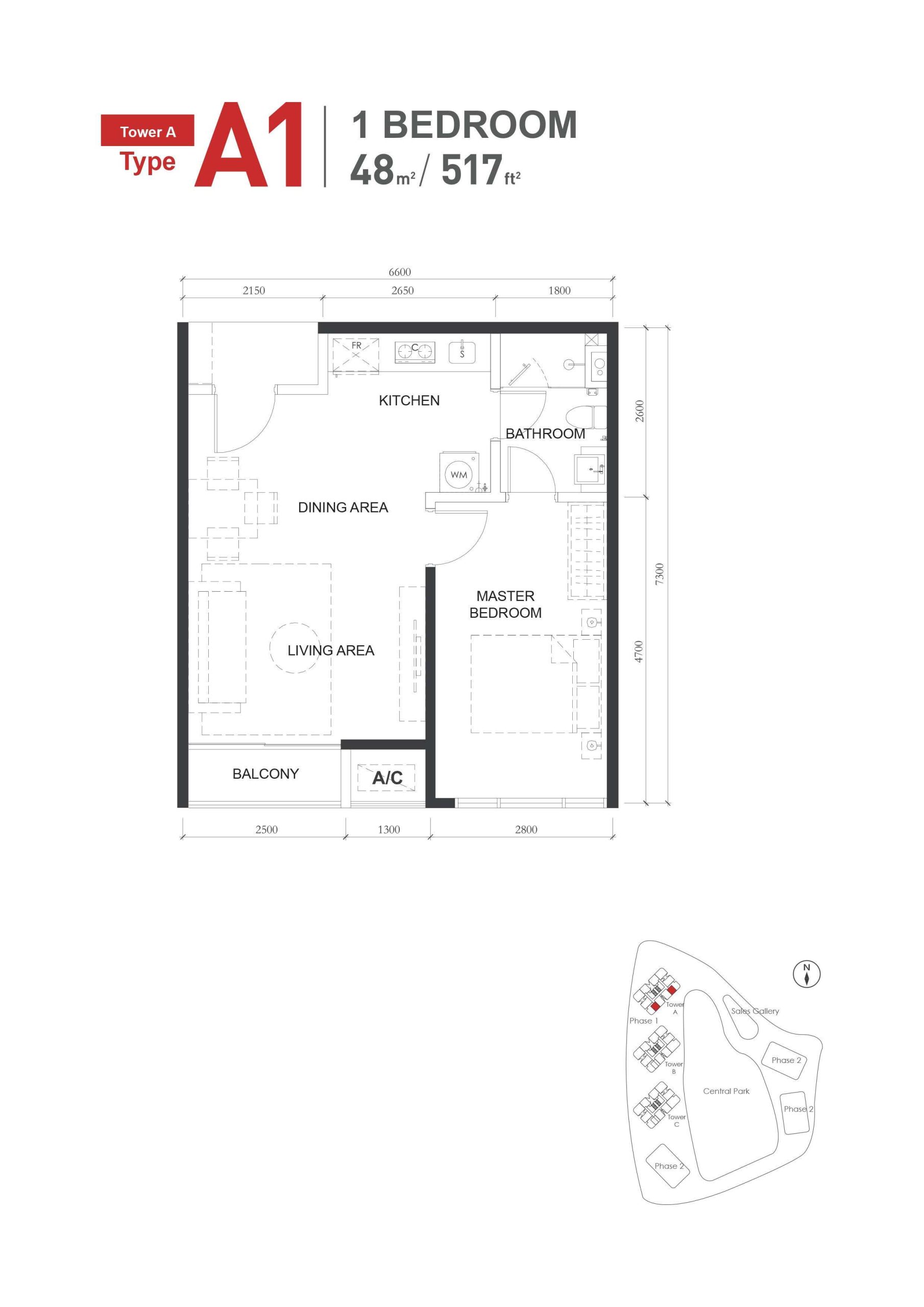 Type-A1 (517sqft) 1Bed1Bath Floor Plan
