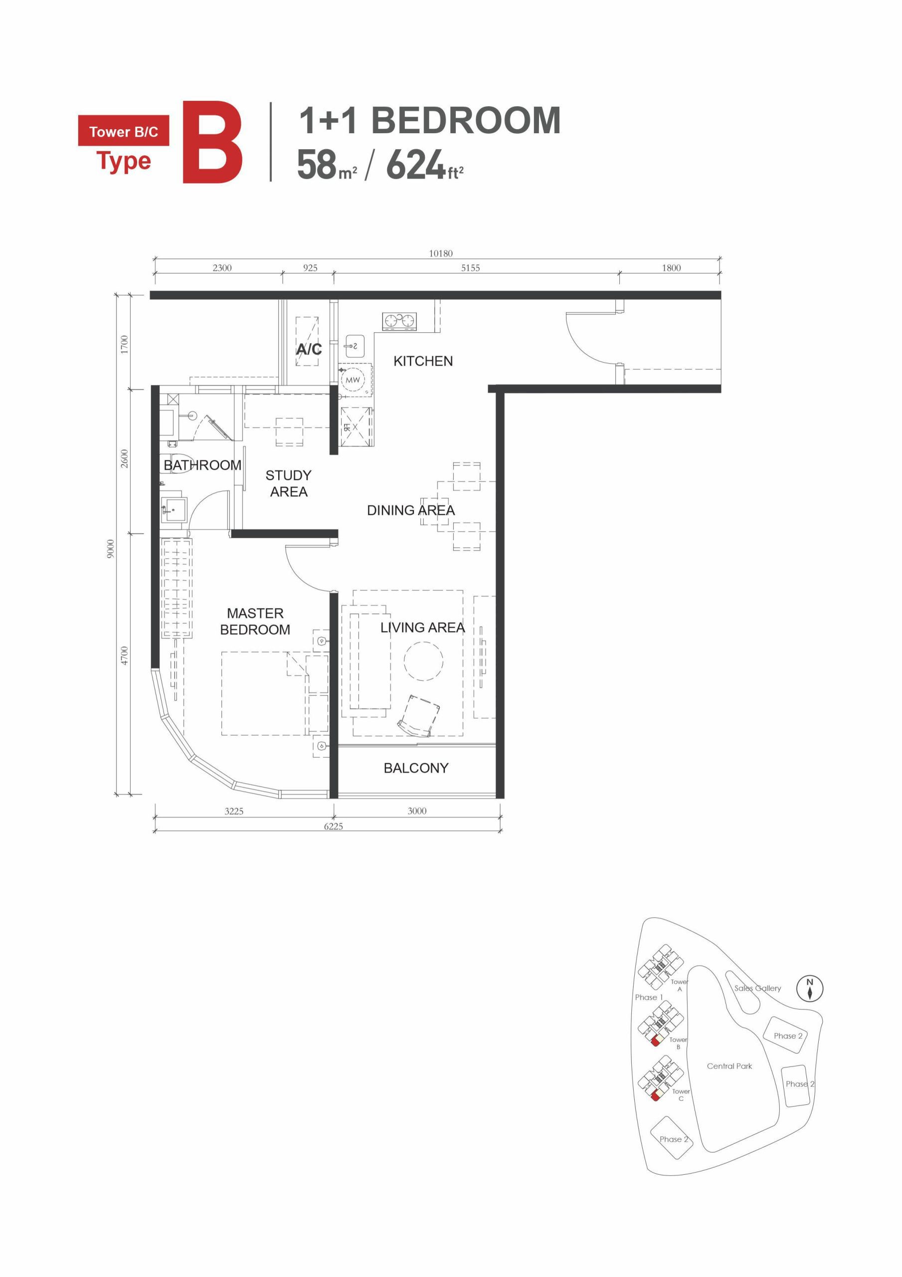 Type-B (624sqft) 1+1Bed1Bath Floor Plan