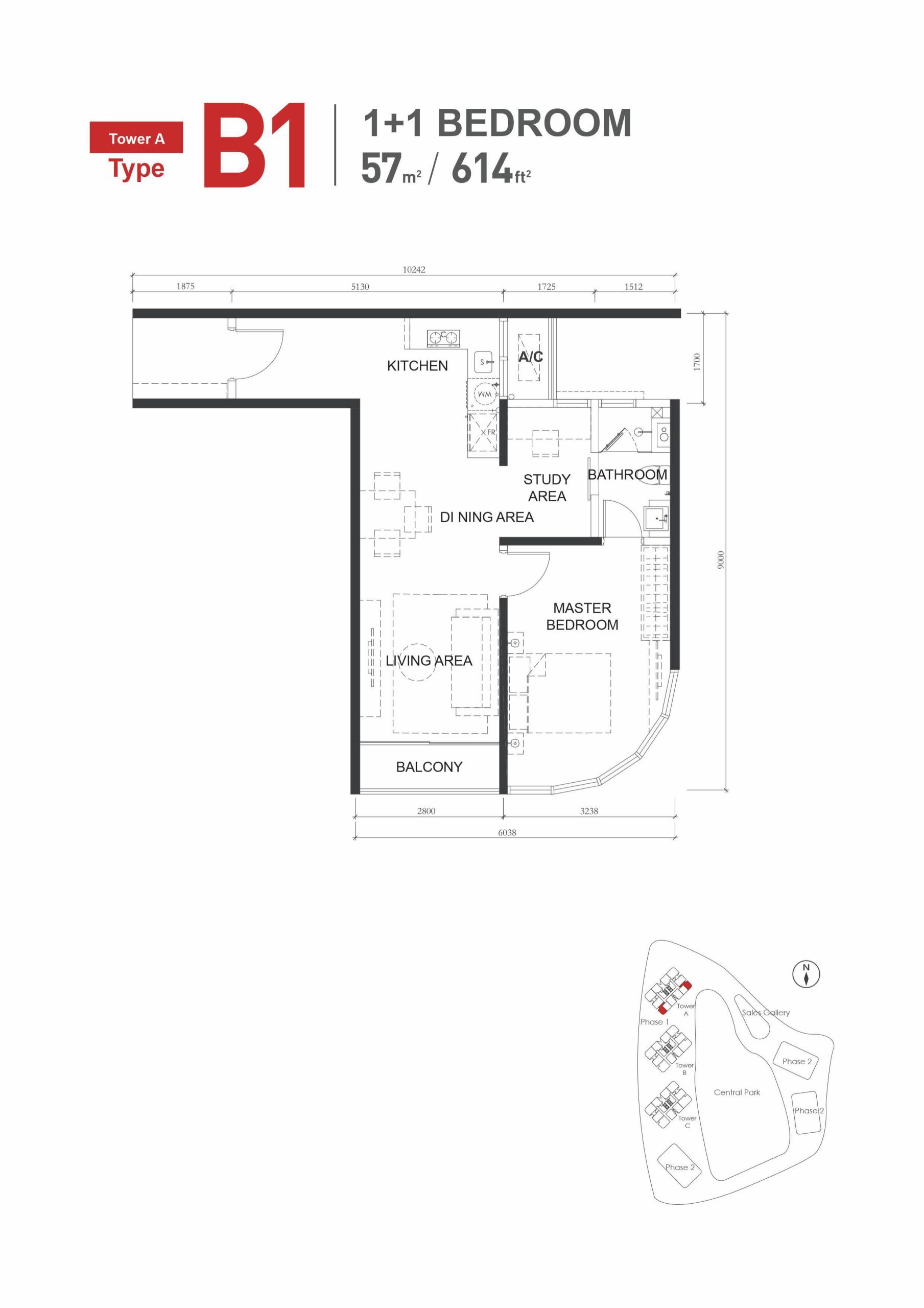 Type-B1 (614sqft) 1+1Bed1Bath Floor Plan