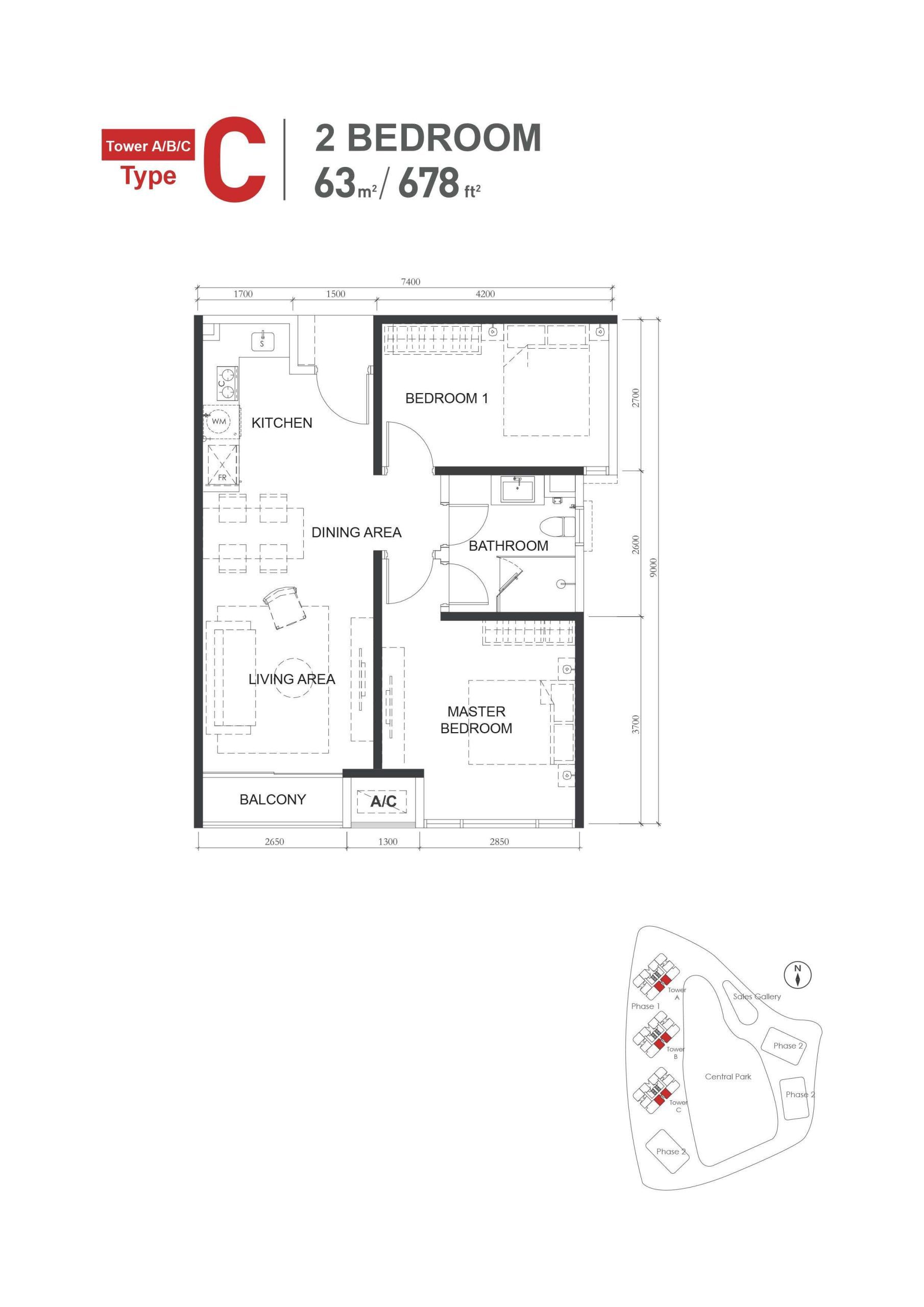 Type-C (678sqft) 2Bed1Bath Floor Plan