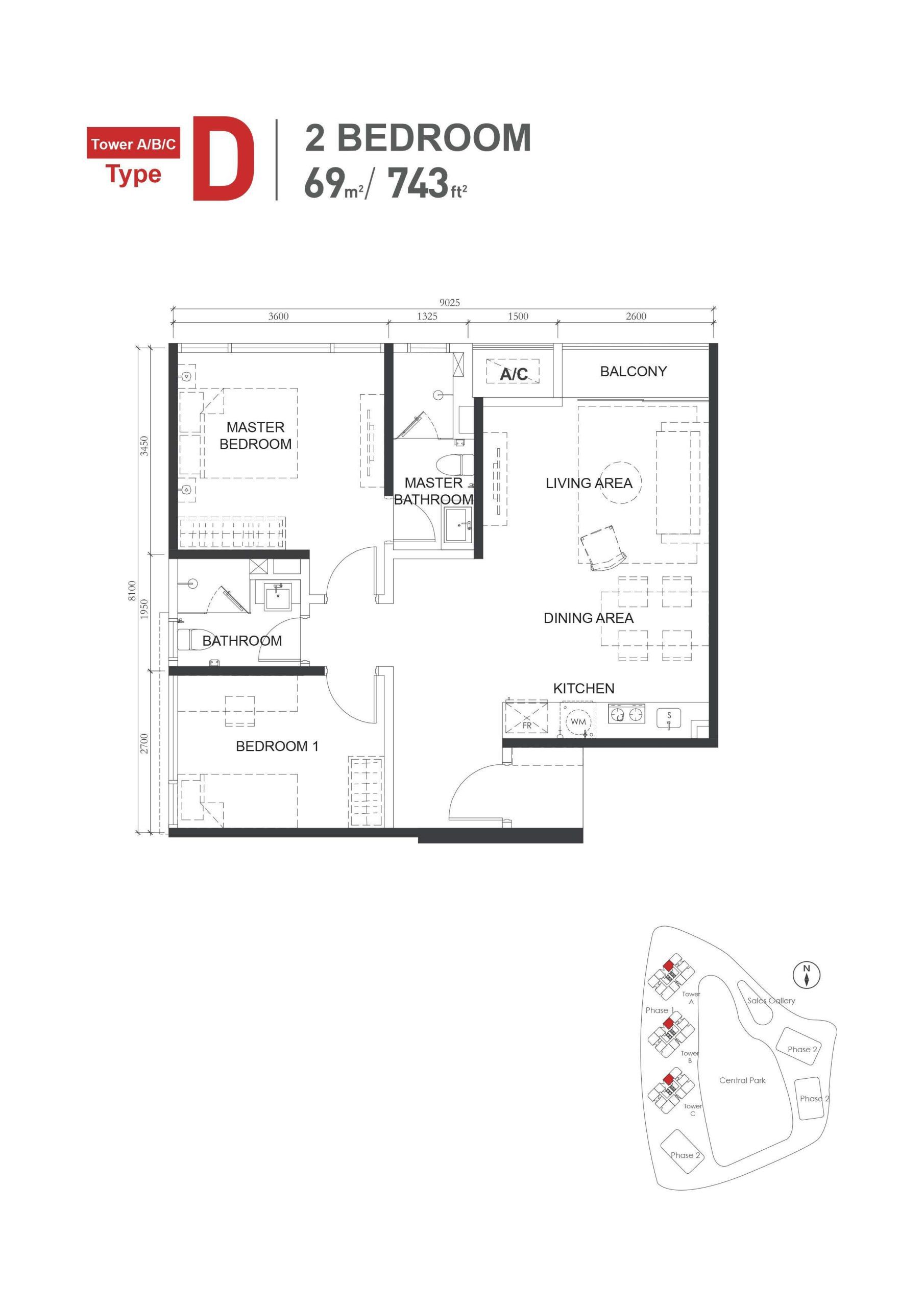 Type-D (743sqft) 2Bed2Bath Floor Plan