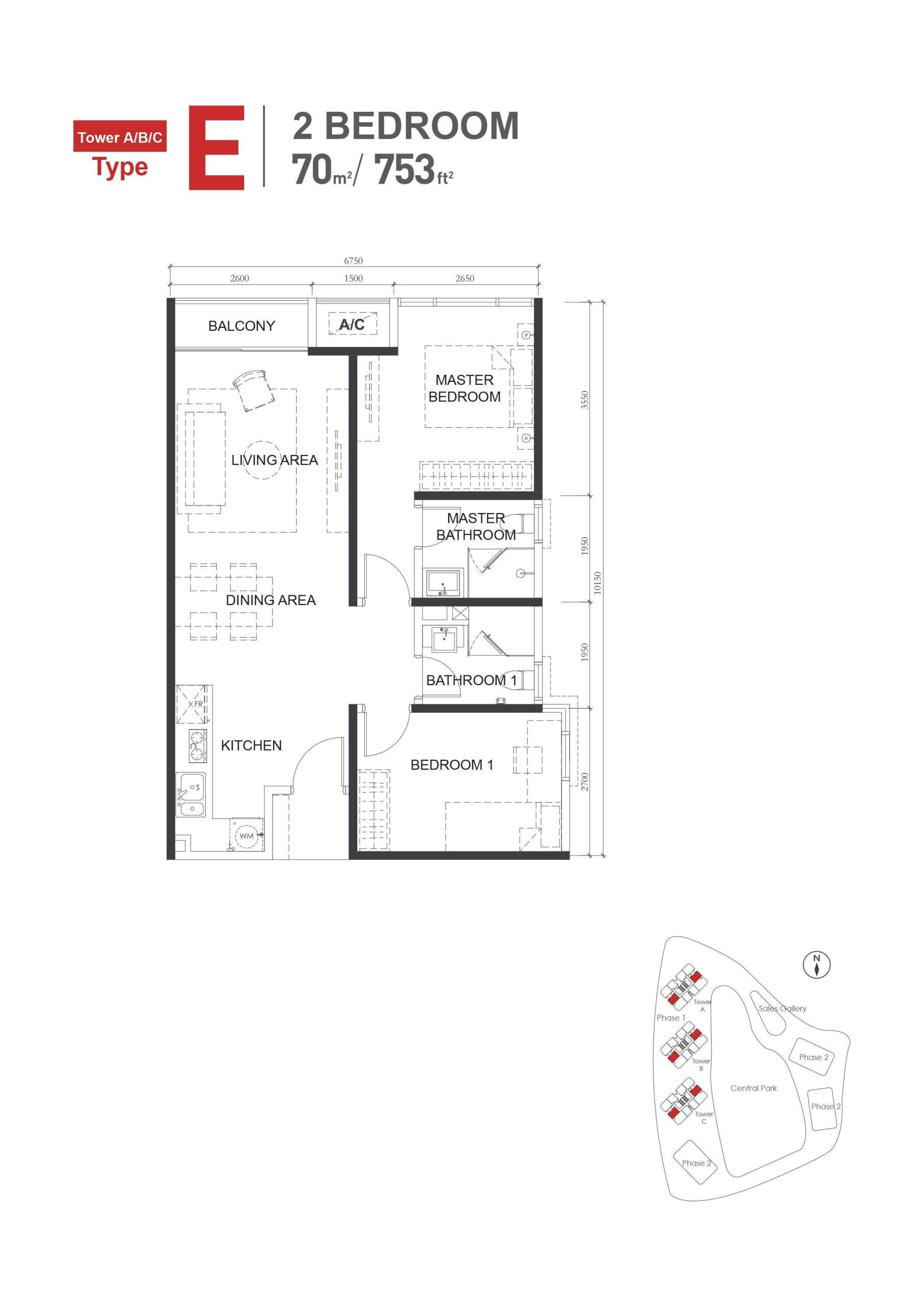 Type-E (753sqft) 2Bed2Bath Floor Plan