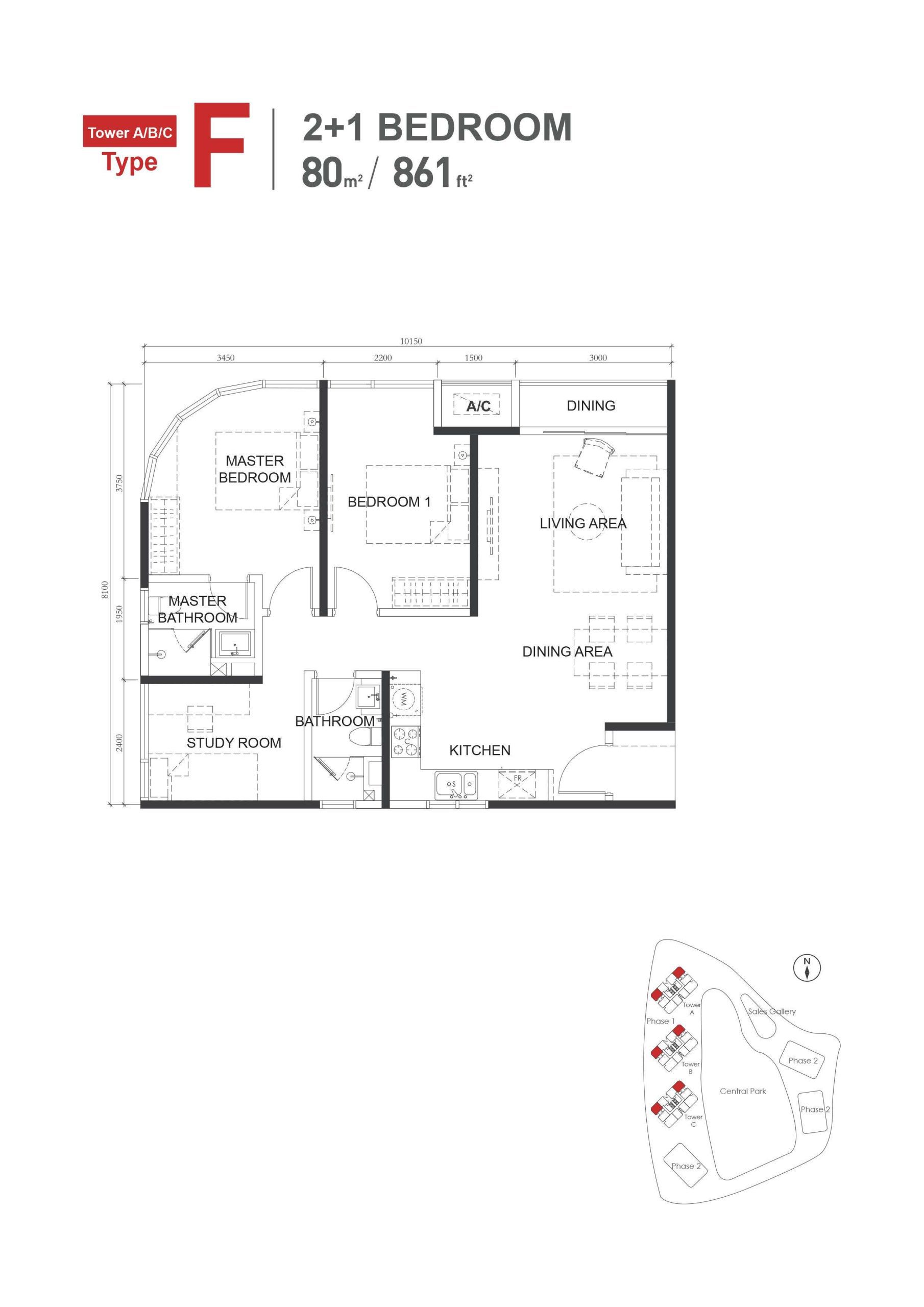 Type-F (861sqft) 21Bed2Bath Floor Plan