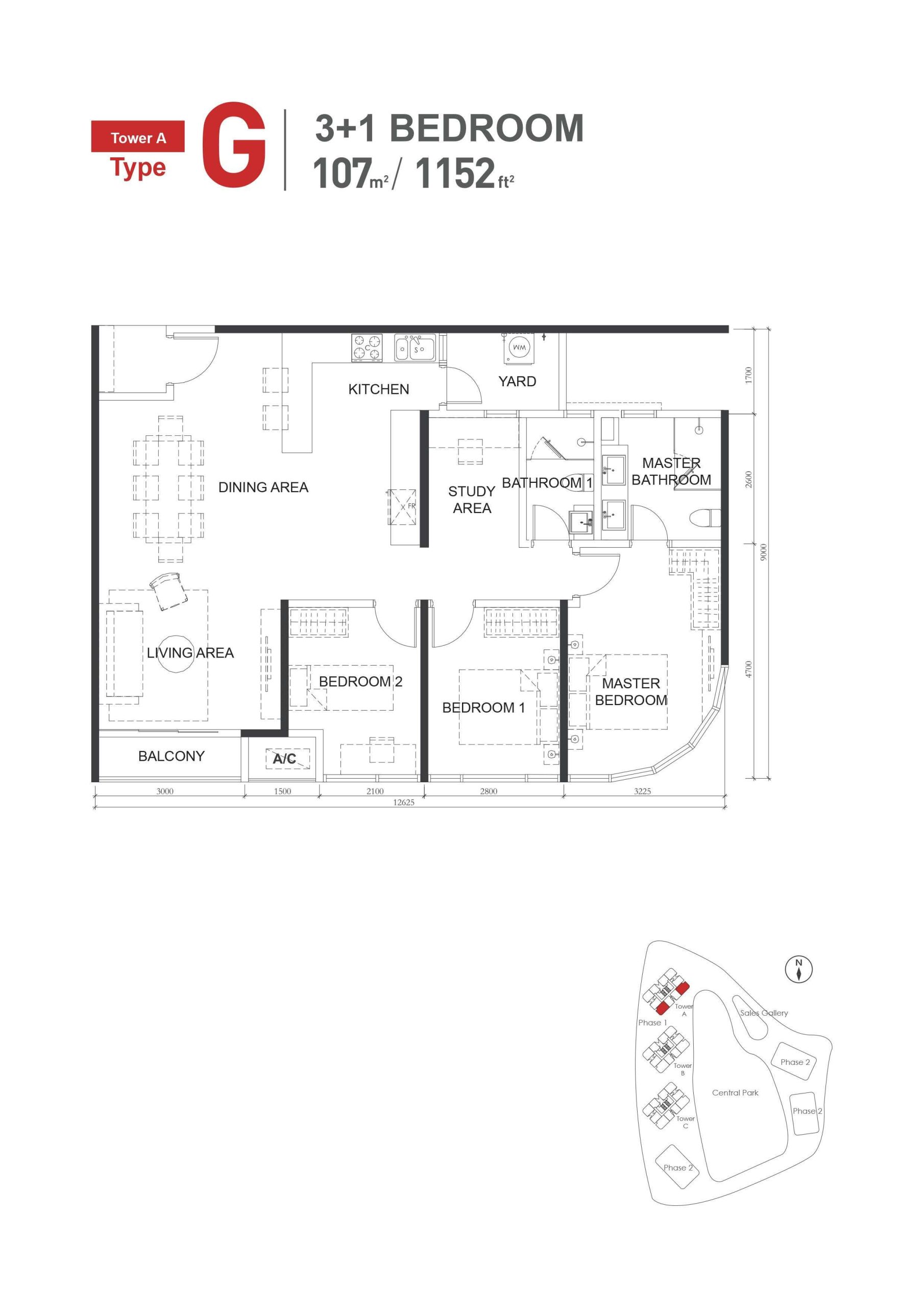 Type-G (1152sqft) 31Bed2Bath Floor Plan
