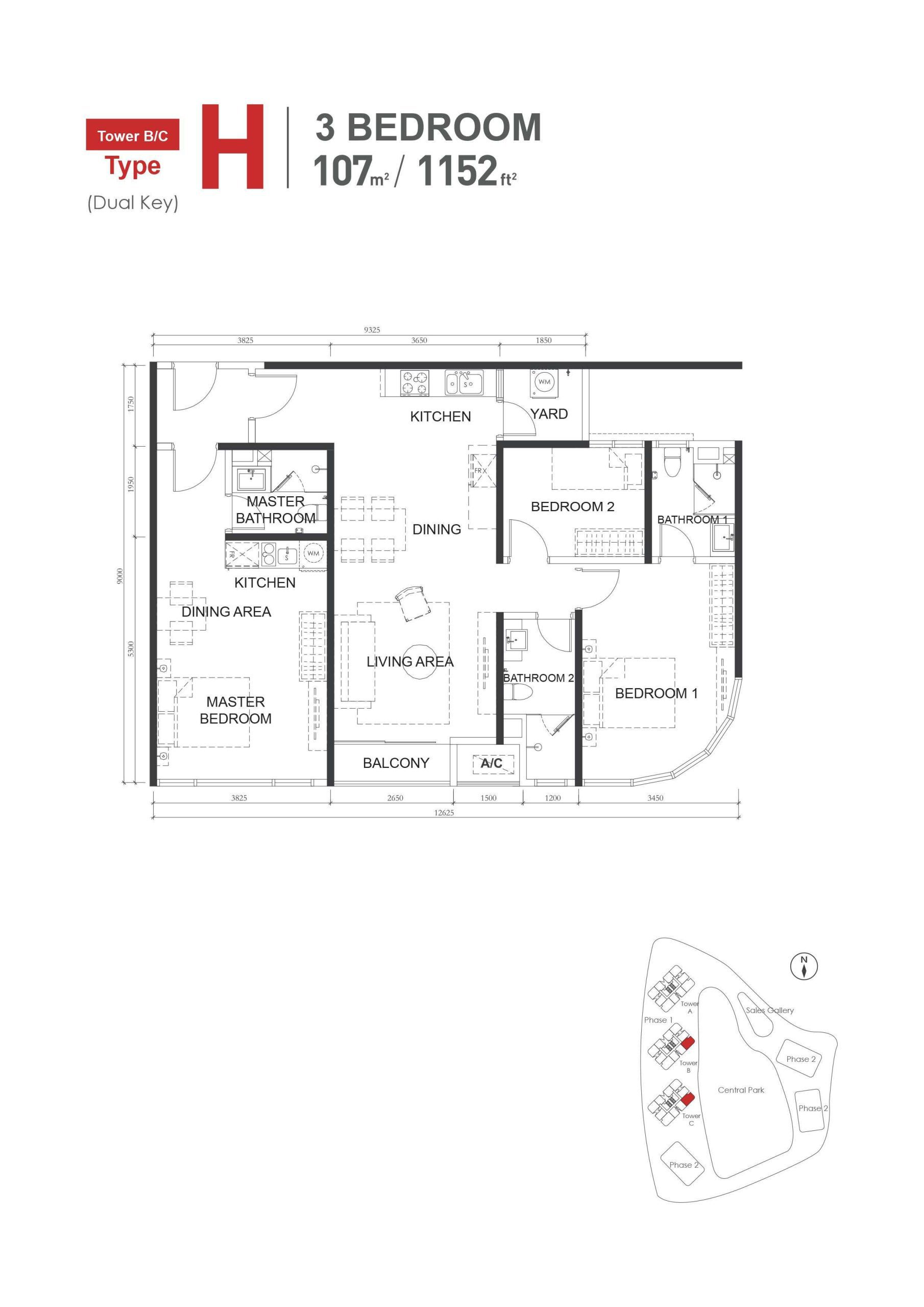 Type-H Dual-Key (1152sqft) 3Bed3Bath Floor Plan