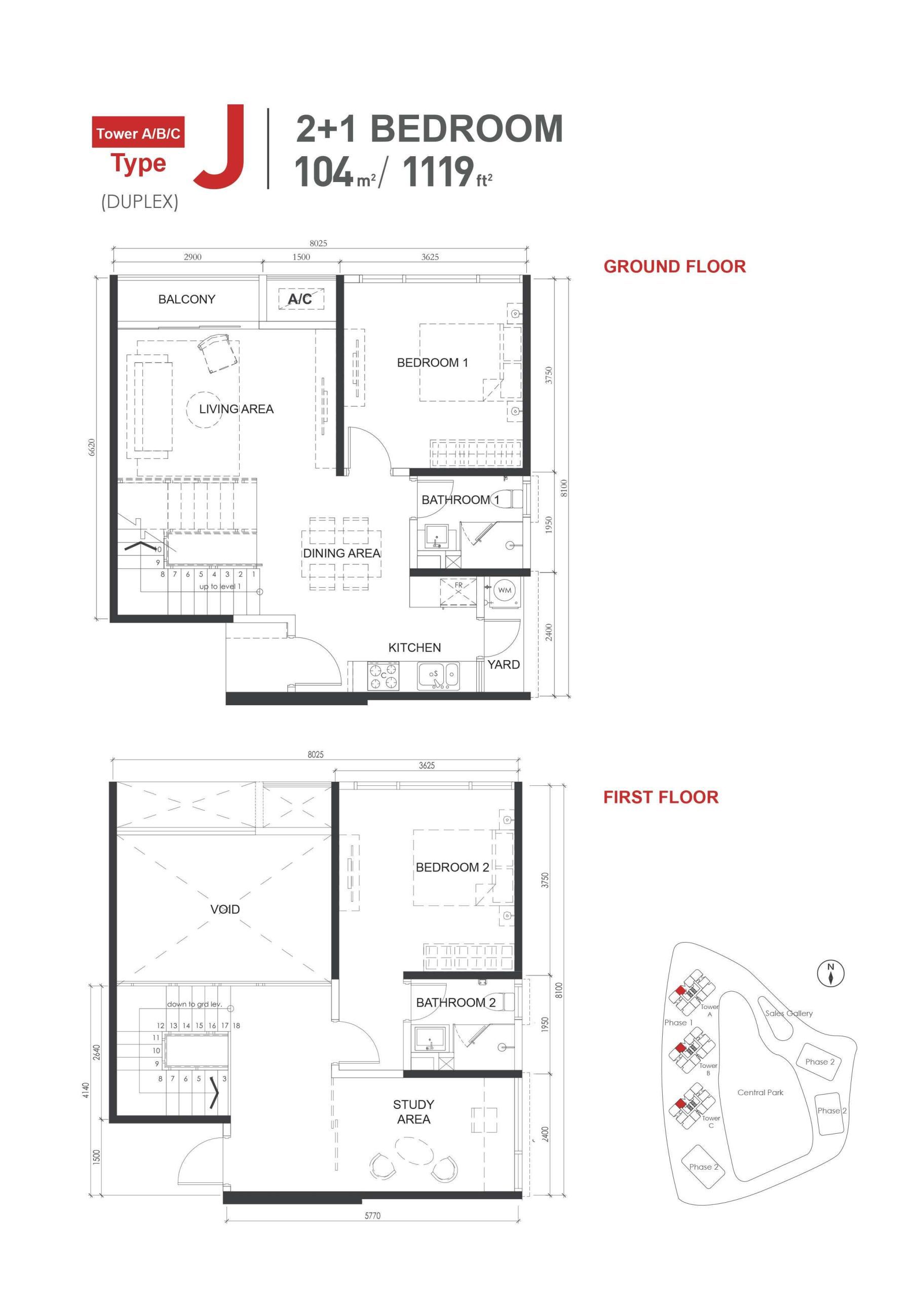 Type-J Duplex (1119sqft) 21Bed2Bath Floor Plan